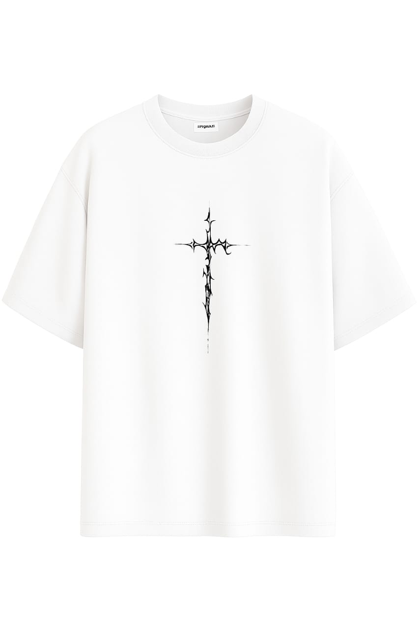Oversized Gothic Cross Graphic T-Shirt – 100% Cotton